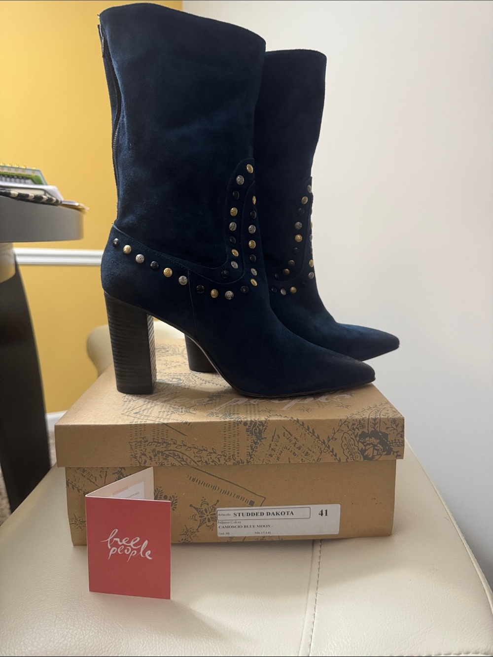 Free People Navy Suede Studded Pointed-Toe Mid-Calf Boots